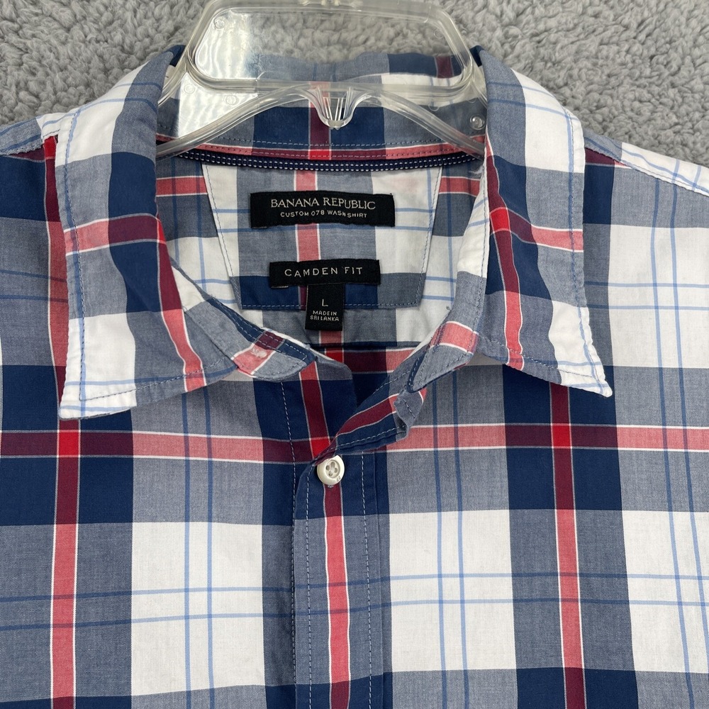 Banana Republic Button Down Shirt Mens L Blue Red Plaid Camden Fit Long Sleeve